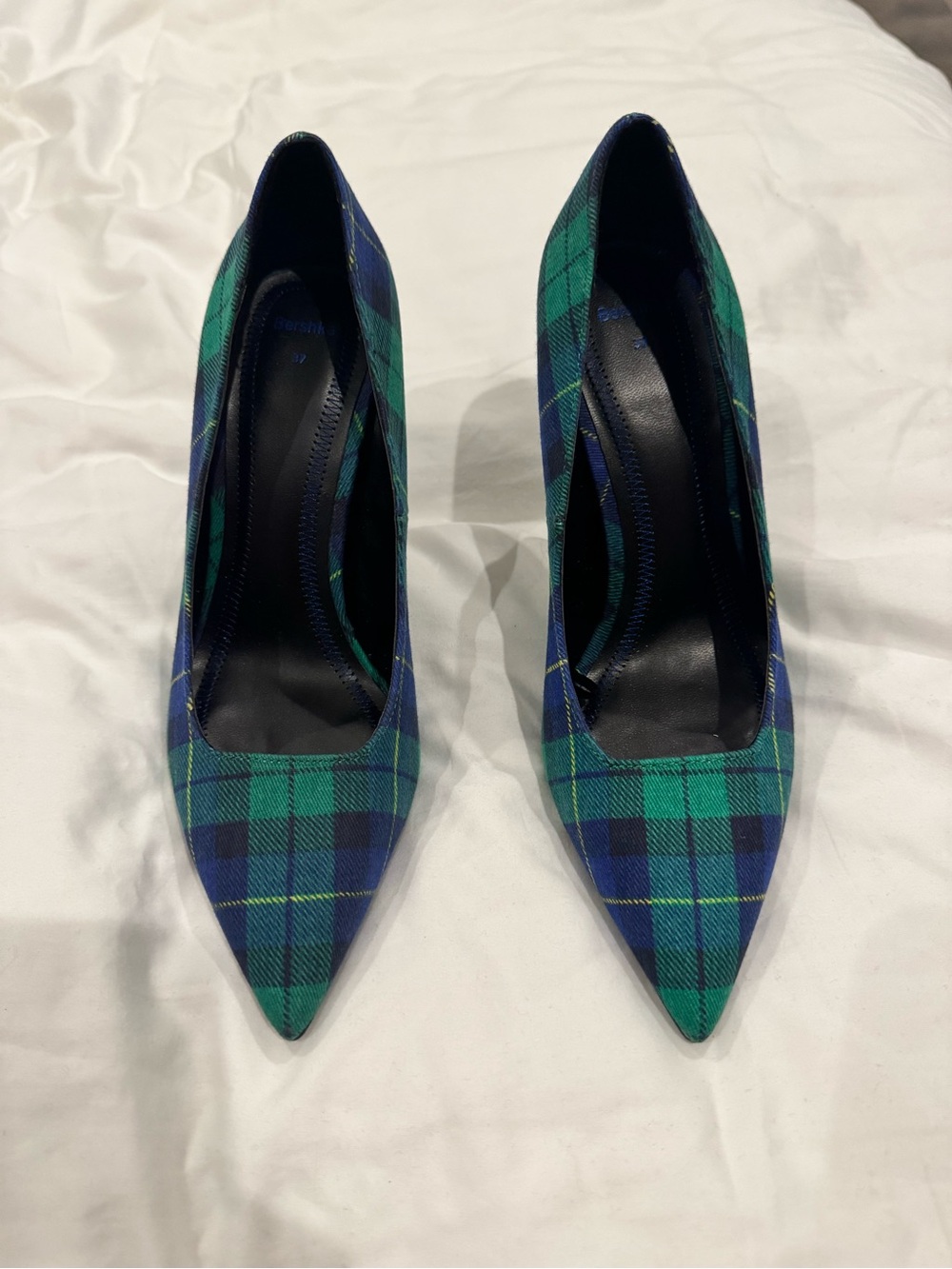 Bershka Green and Blue Plaid Pointed-Toe Heels